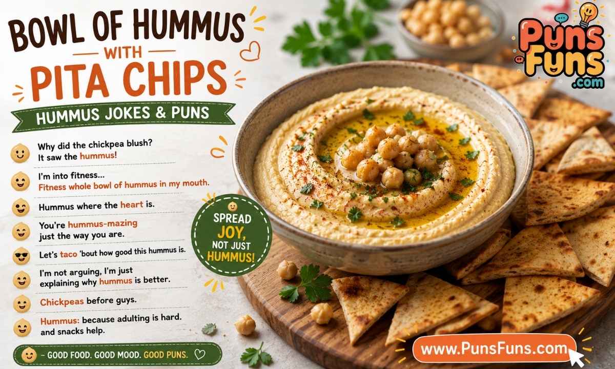 Bowl of hummus with pita chips paired with hummus jokes and puns