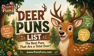 Deer puns list cover image with cartoon buck and antlers
