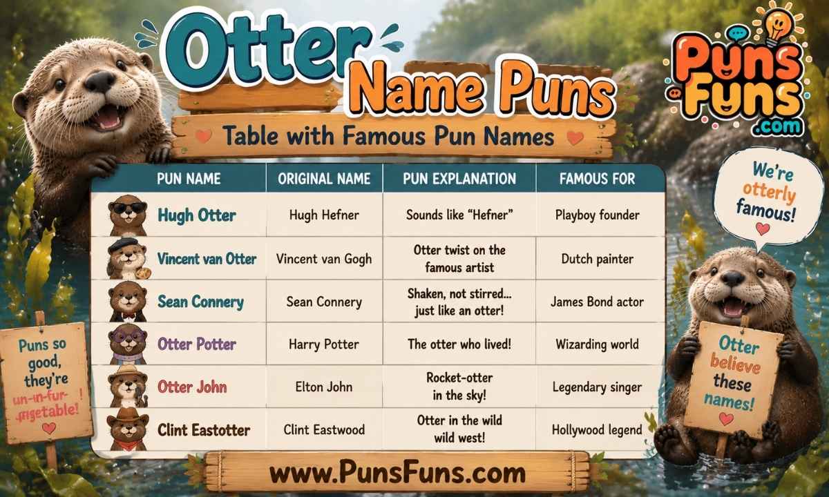 Otter Name Puns Table with Famous Pun Names